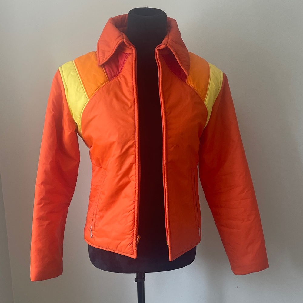 Vibrant Orange & Yellow Colorblock Bomber Ski Jacket